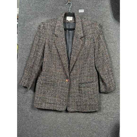 J'Envie Sport Blazer Jacket Womens 14 Gray Brown Tweed Plaid Made in USA Lined - Picture 1 of 7